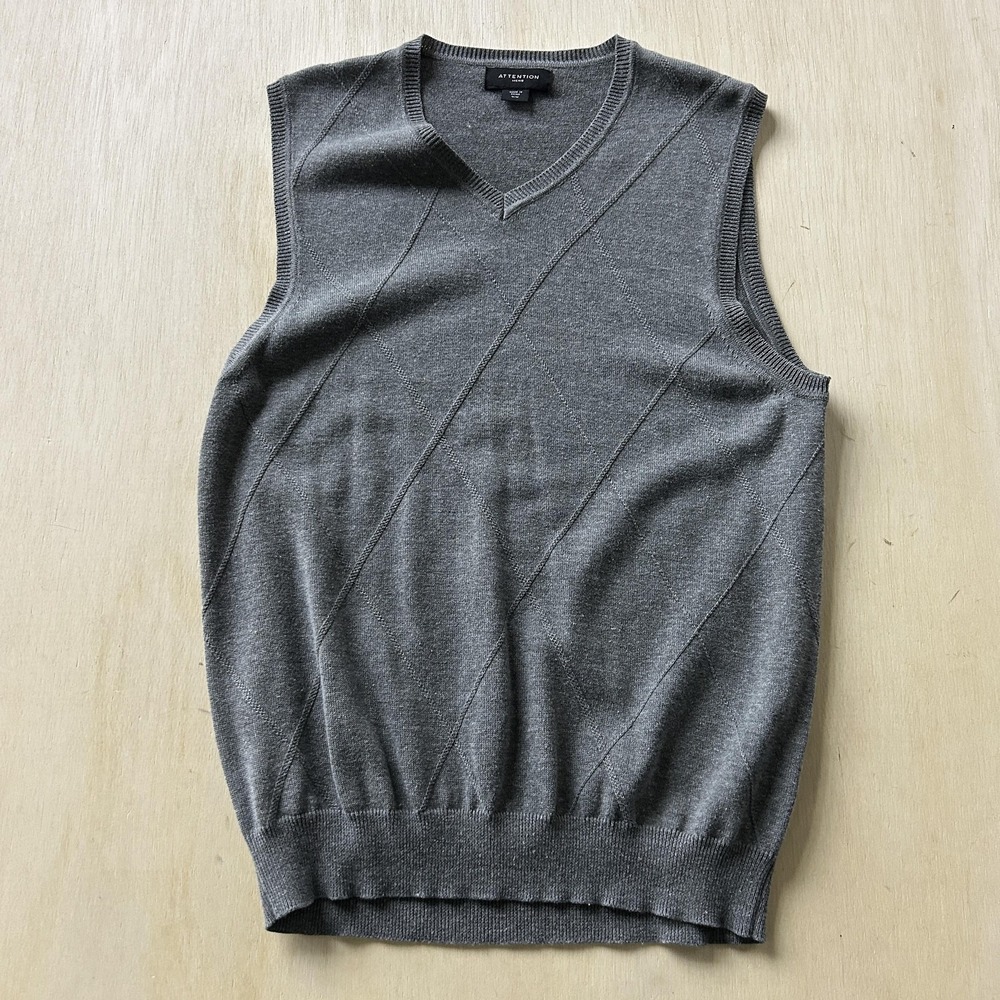 Attention Sweater Vest Mens Medium Gray Argyle Tight Knit V Neck Casual